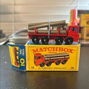 VTG Matchbox Red Pipe Truck Toy with Gray Pipes